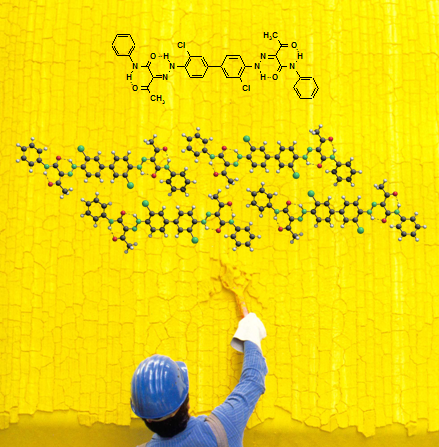 Viermal Pigment Yellow 12: Molekülstruktur, Kristallstruktur, industrielle Produktion.
Titelbild von J. Phys.Chem. B111 (33) (2007), das ebenfalls mit Pigment Yellow 12 gedruckt wird.